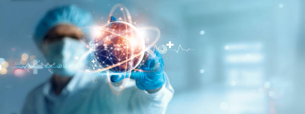 Doctor holding virtual globe with healthcare network connection. Science and medical innovation technology develop sustainable smart services and solutions in global research and development. stock photo