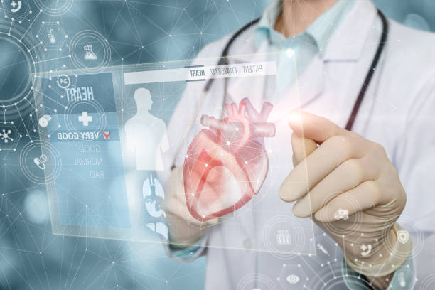 Doctor is examining the patient's heart on a blurred background. stock photo