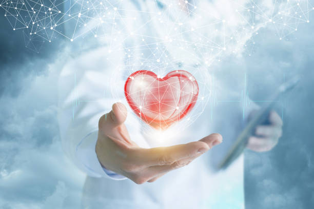 A doctor is showing a bright heart in the digital connections cage with a cloud of wireless connections above . A doctor is showing a bright heart in the digital connections cage with a cloud of wireless connections above at the blurred background. human internal organ photos stock pictures, royalty-free photos & images