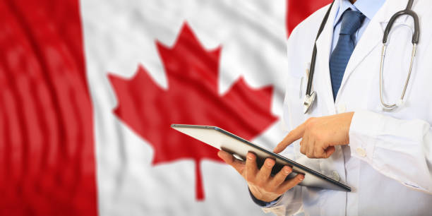 Doctor on Canada flag background. 3d illustration stock photo
