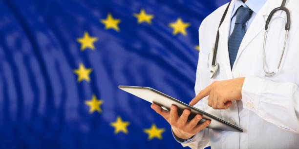 Doctor on EU flag background. 3d illustration stock photo