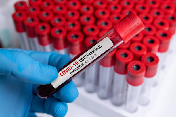 doctor with blood sample of covid-19 omicron b.1.1.529 variant and general data of covid-19 coronavirus mutations. - omicron imagens e fotografias de stock