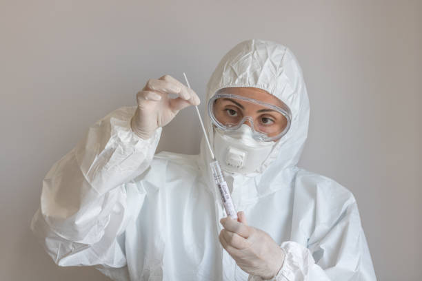 Doctor with Medical Jumpsuit examing PCR / Corona / Covid 19 Test stock photo