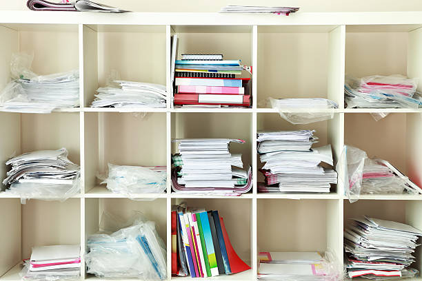 document shelves in teachers room stock photo