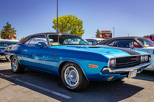 Reno, NV - August 5, 2021: 1970 Dodge Challenger RT Hardtop Coupe at a local car show.