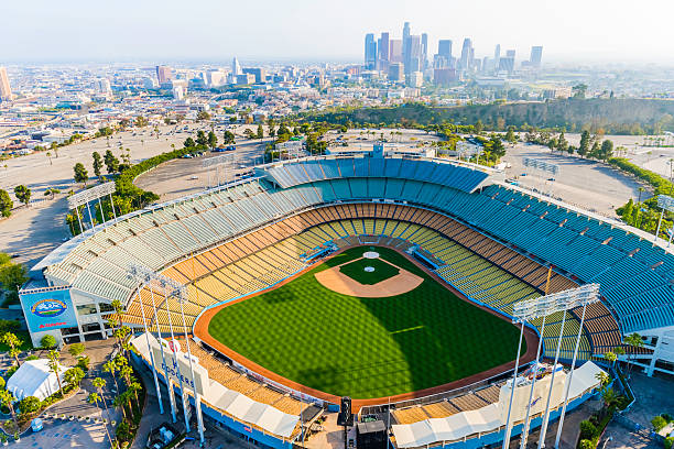 Dodger Stadium and Los Angeles skyline cityscape panorama aerial stock photo