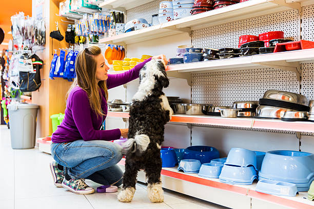 Dog and his owner in pet store buying new bowl stock photo