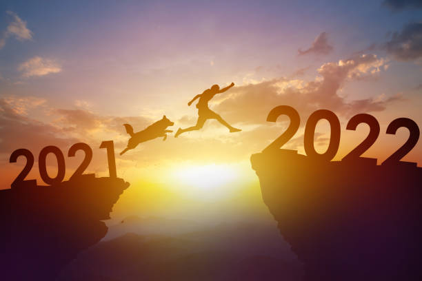 Dog jumping together with owner to 2022 Dog jumping with owner to new year 2022 at top of mountain with beautiful sunset. happy new year dog stock pictures, royalty-free photos & images