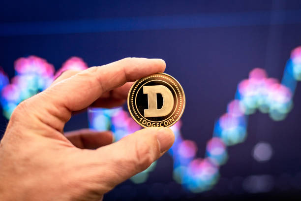 Dogecoin in Hand Dogecoin being held in front of chart dogecoin stock pictures, royalty-free photos & images