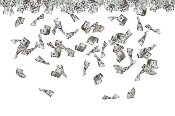 Dollar Banknotes Flying and Raining Finance concept, one hundred dollar banknotes flying, raining and falling down, isolated on white background. money rain stock pictures, royalty-free photos & images