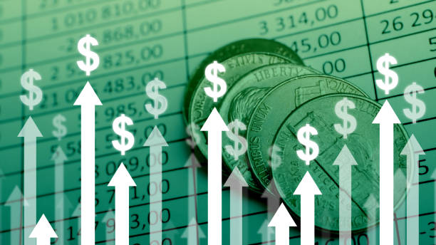 Dollar currency growth concept with upward arrows on charts and coins background Dollar currency growth concept with upward arrows on charts and coins background. inflation stock pictures, royalty-free photos & images