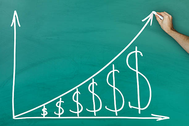 Dollar growth chart Hand holding chalk dollar growth chart on green blackboard high up stock pictures, royalty-free photos & images