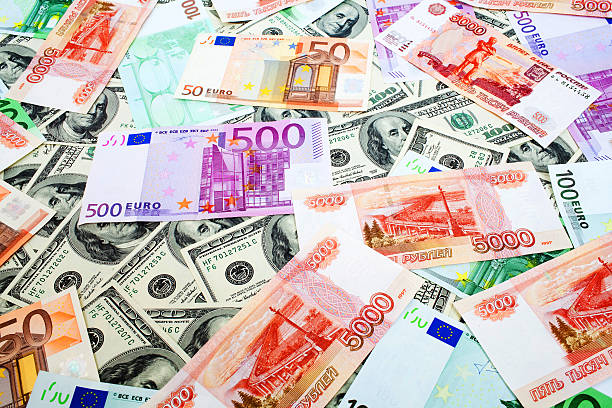 Dollars, Russian roubles and Euro stock photo