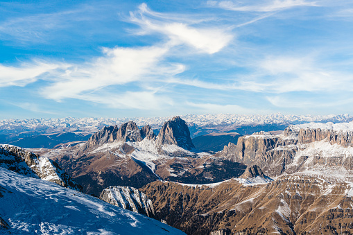 Dolomites mountains. Panoramic view for Gruppo Sella and Sassolungo mountain from Marmolada glacier.