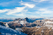 istock Dolomites mountains. Panoramic view for Gruppo Sella and Sassolungo mountain from Marmolada glacier. 1317937465