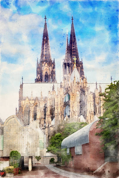 Dom of Cologne - South Facade (watercolor painting) stock photo