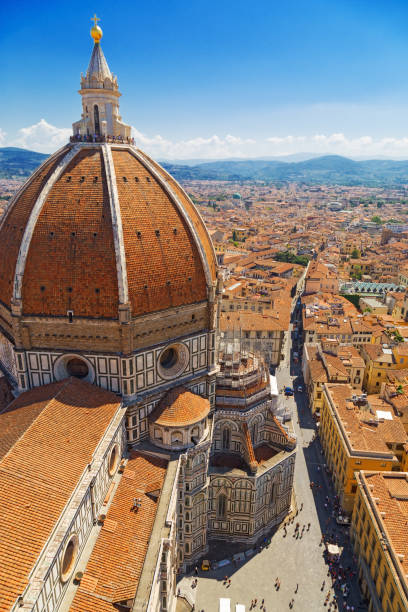 Dome of Cathedral of Saint Mary of Flower. Dome of the Cathedral of Saint Mary of the Flower. Cityscape of Florence, Italy. Italian Gothic architecture. June 2017. Urban landscape view from above. duomo santa maria del fiore stock pictures, royalty-free photos & images