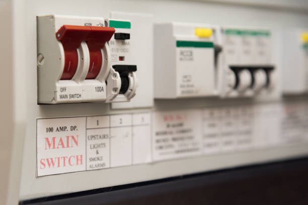 UK domestic electrical consumer unit or fuse box stock photo