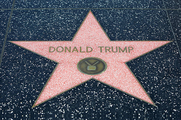 Donald Trump Hollywood Star Los Angeles, California USA – May 30, 2015: Donald Trump's Hollywood Star on the Walk of Fame. The Hollywood Walk of Fame consists of more than 2,400 five-pointed brass stars embedded in the sidewalks along fifteen blocks of Hollywood Boulevard and three blocks of Vine Street in Hollywood, Los Angeles, California. The stars are permanent public monuments to achievement in the entertainment industry, bearing the names of a mix of actors, musicians, directors, producers, musical and theatrical groups, fictional characters, and others. The Walk of Fame receives 10 million visitors annually. donald trump stock pictures, royalty-free photos & images