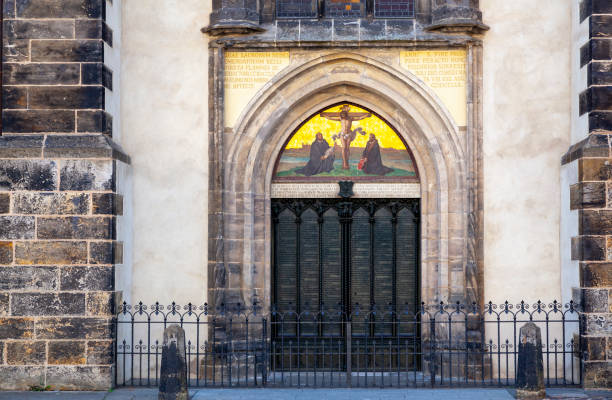 Door of the castle church in Wittenberg with the 95 theses of Martin Luther, Germany stock photo