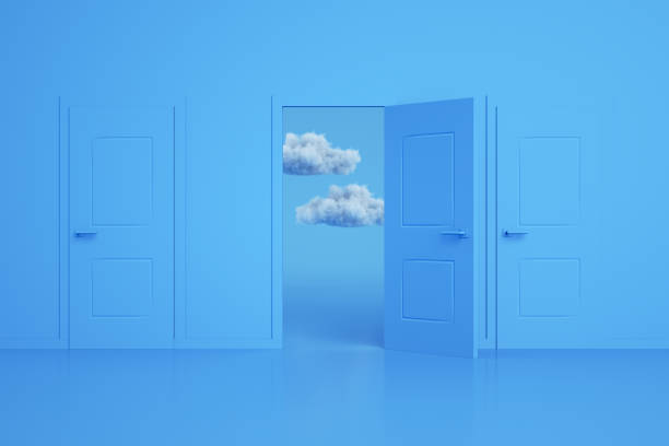 Doors, Decisions, Choices, Minimal Design with Cloud 3d rendering of the open door and cloud. Decisions and choices concept. Blue colors. Minimal design. open door stock pictures, royalty-free photos & images
