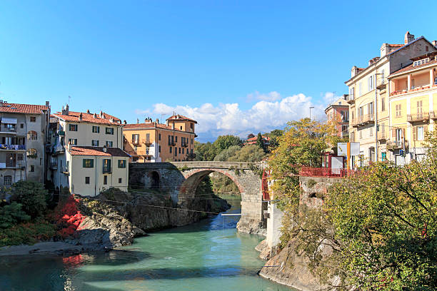 Dora Baltea River and Ivrea cityscape in Piedmont, Italy stock photo