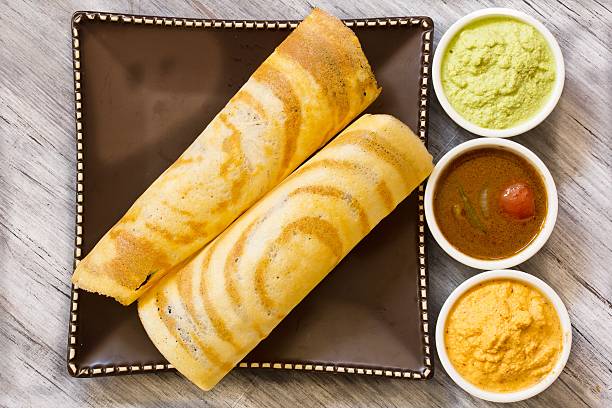 Dosa with Sambar and chutney, south Indian breakfast Masala Dosa with Sambar and chutney, south Indian breakfast thosai stock pictures, royalty-free photos & images
