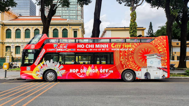 Double Decker Bus Tours For Travellers In Ho Chi Minh City, Vietnam. Ho Chi Minh City, Vietnam - October 17, 2021 : Double Decker Bus Tours For Travellers In Ho Chi Minh City. double decker bus stock pictures, royalty-free photos & images