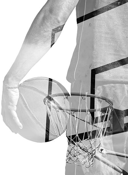 double exposure of basketball player and hoop in bw - basketball player back stockfoto's en -beelden