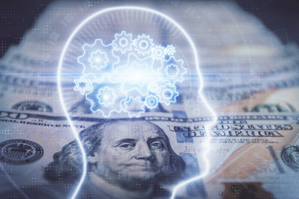 Double exposure of brain drawing over us dollars bill background. Technology concept. stock photo