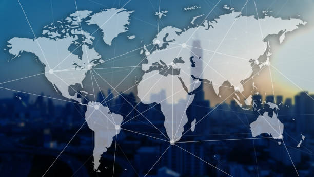 Double exposure of city scape, worldmap and connecting dots. Globalization and corporate communication concept. stock photo