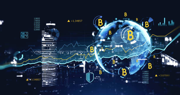 Double exposure of cryptocurrency bitcoin theme with aerial view of Singapore city skyline at night. Concept of digital money in global economy. stock photo