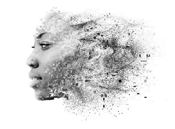 Double exposure portrait Photograph of attractive african american female model combined with pixelated illustration particle photos stock pictures, royalty-free photos & images