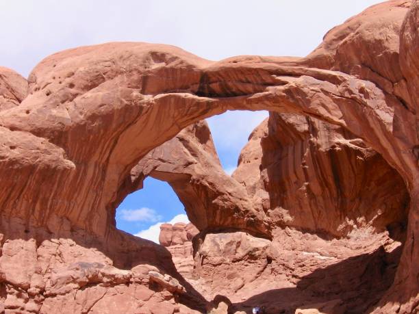 Double O Arch in Arches National Park in Utah, United States of America on a Sunny Day in the Desert. Double O Arch in Arches National Park in Utah, United States of America on a Sunny Day in the Desert. arches national park stock pictures, royalty-free photos & images