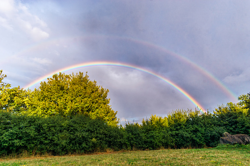 double rainbow over grass and trees