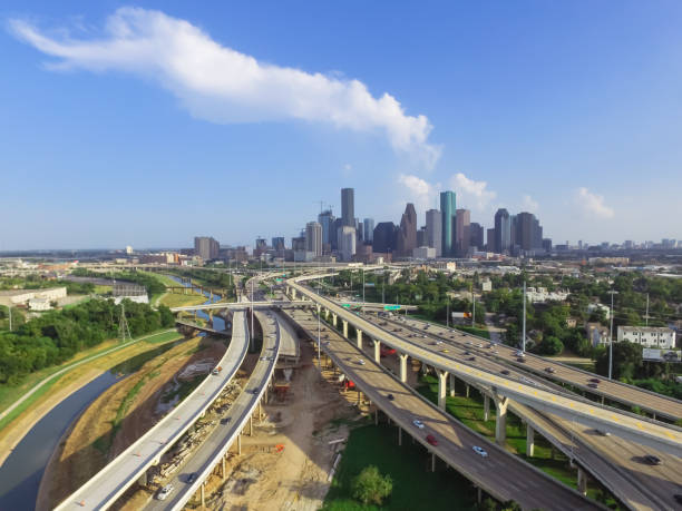 Downtown and interstate I45 highway flyover aerial stock photo