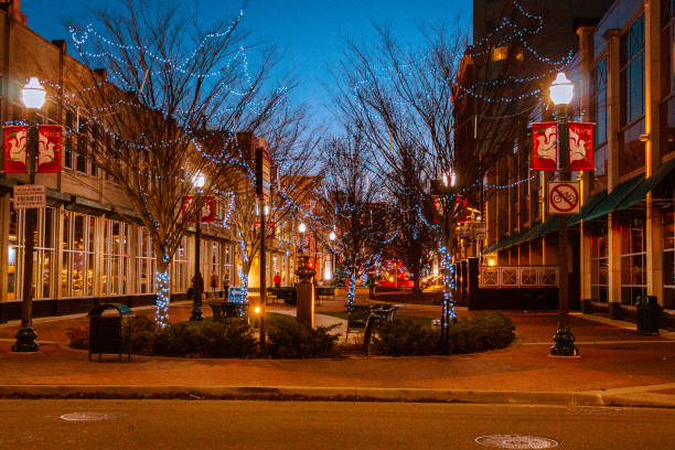 Downtown Kalamazoo Michigan on a winter evening stock photo
