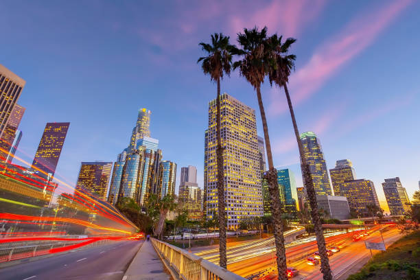 Downtown Los Angeles city skyline, cityscape of LA stock photo