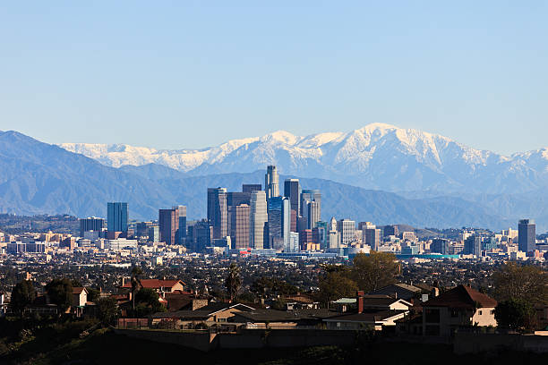 Downtown Los Angeles Skyline with mountain background. stock photo