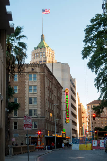 Downtown San Antonio Texas This is a view of downtown San Antonio, Texas showing the Tower Life Building in the background and the Aztec theater closer to the camera. has san hawkins stock pictures, royalty-free photos & images