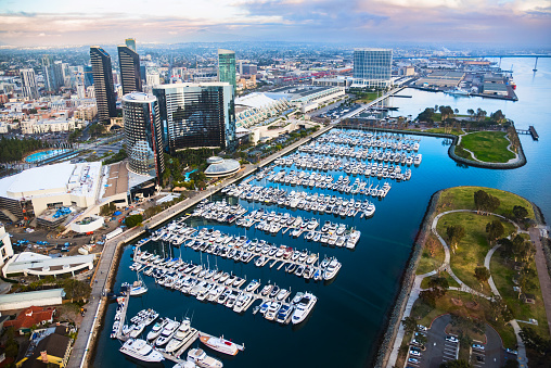 The waterfront of downtown San Diego, California, highlighted by the Marina, Convention Center, and hotels along the shore of the harbor.  I shot this image from an elevation of about 400 feet during a photo flight in a chartered helicopter.  
