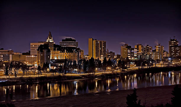 Downtown Saskatoon at Night with Hotel and Condominiums stock photo
