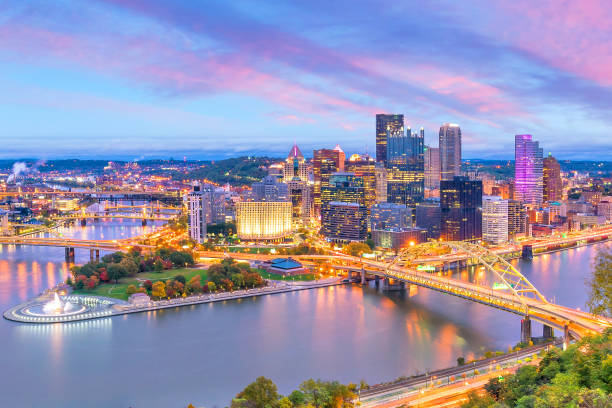 Downtown skyline of Pittsburgh, Pennsylvania at sunset stock photo