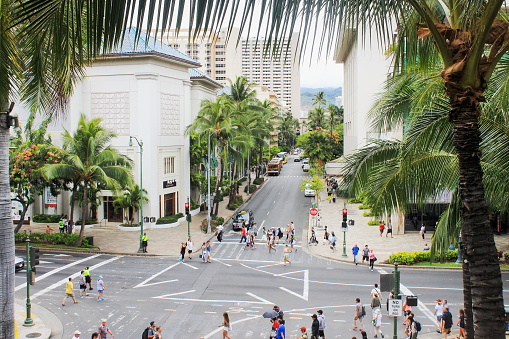 Downtown Waikiki Bustling With Locals And Tourists Stock Photo