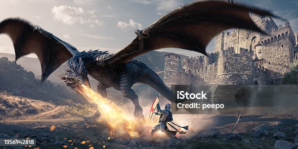 istock Dragon Breathing Fire At Knight In Armour Holding Up Shield Near Stone Castle 1356942818