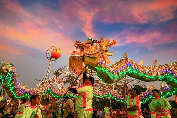 Dragon dance in Chinese new year's celebration stock photo