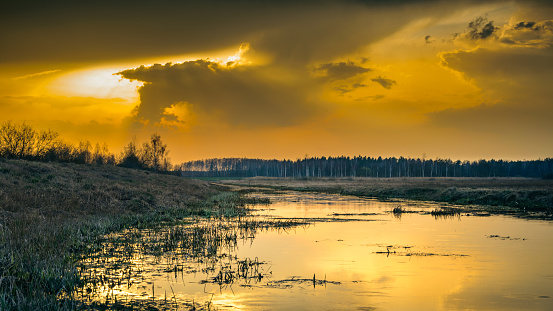evening landscape. dramatic autumn orange sunset with a glow and sunrays reflected on the surface of calm water in a narrow river with marshy grassy shores and forest in the background