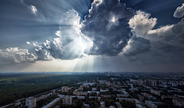 Dramatic cloudscape over Moscow skyline stock photo