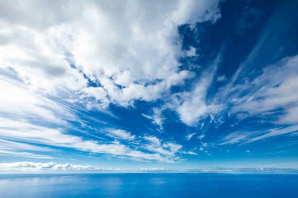 dramatic cloudscape over water horizon beautiful nature cloudscape mirroring at the ocean surface. horizon over water stock pictures, royalty-free photos & images