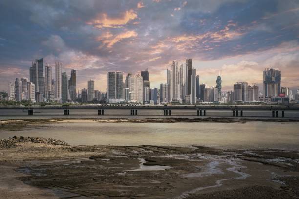 Dramatic sky over skyline of Panam city, Panama stock photo